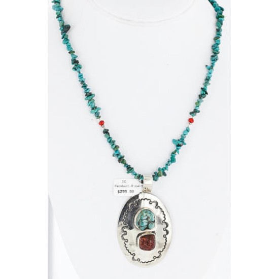 Large HANDMADE Certified Authentic Navajo Nickel CORAL and Turquoise Native American Necklace 371115142357