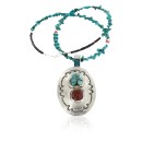 Large HANDMADE Certified Authentic Navajo Nickel CORAL and Turquoise Native American Necklace 371115142357