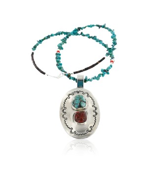 Large HANDMADE Certified Authentic Navajo Nickel CORAL and Turquoise Native American Necklace 371115142357