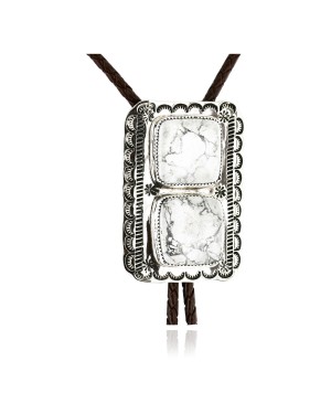 Large Handmade Certified Authentic Navajo Nickel Natural White Buffalo Native American Bolo Tie  24393-5