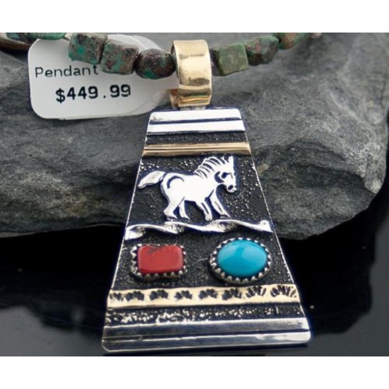 Large Handmade Horse Certified Authentic Navajo .925 Sterling Silver 12kt Gold Filled Turquoise Native American Necklace 370802149263