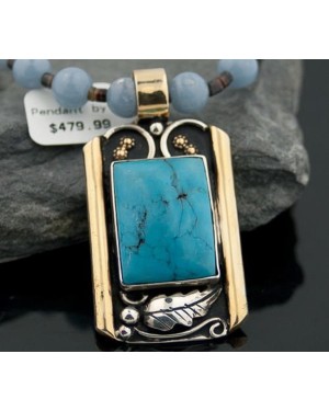 Large Handmade LeafCertified Authentic Navajo .925 Sterling Silver 12kt Gold Filled Turquoise 0384 Native American Necklace 370797836041