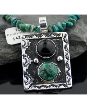 Large Handmade Mountain Certified Authentic Navajo Native .925 Sterling Silver Black Onyx and Turquoise Native American Necklace 370787055084