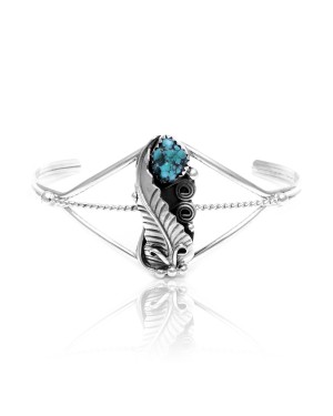 Leaf Natural Turquoise .925 Sterling Silver Certified Authentic Navajo Native American Handmade Cuff Bracelet 13088