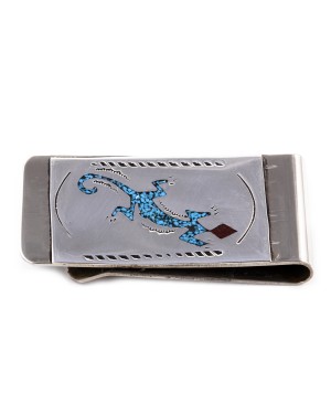 Lizard .925 Sterling Silver Ray Begay Certified Authentic Handmade Navajo Native American Natural Turquoise Coral Money Clip 11253-7