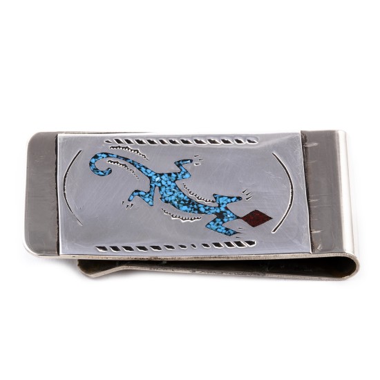 Lizard .925 Sterling Silver Ray Begay Certified Authentic Handmade Navajo Native American Natural Turquoise Coral Money Clip 11253-7