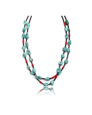 Magnesite and Coral .925 Sterling Silver Certified Authentic Navajo Native American 2 Strand Necklace 15532-7