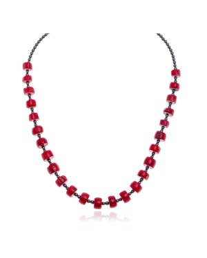 Natural Hematite and Coral .925 Sterling Silver Certified Authentic Navajo Native American Necklace 15533-100