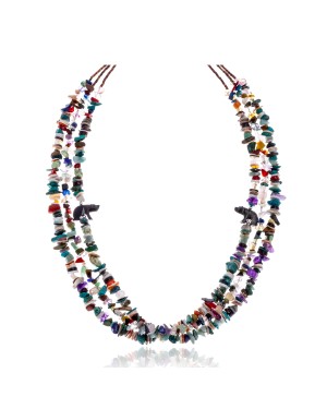 Natural Multicolor Stones .925 Sterling Silver Certified Authentic Navajo Native American Carved Fetish 3 Strand Necklace 15410-74