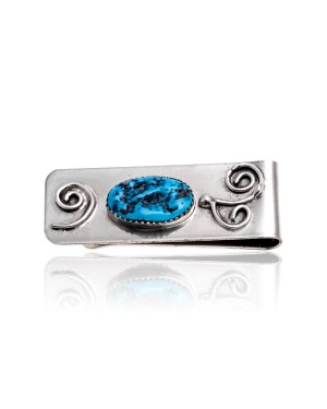Natural Turquoise .925 Sterling Silver and Nickel Certified Authentic Navajo Handmade Native American Money Clip 11264-8