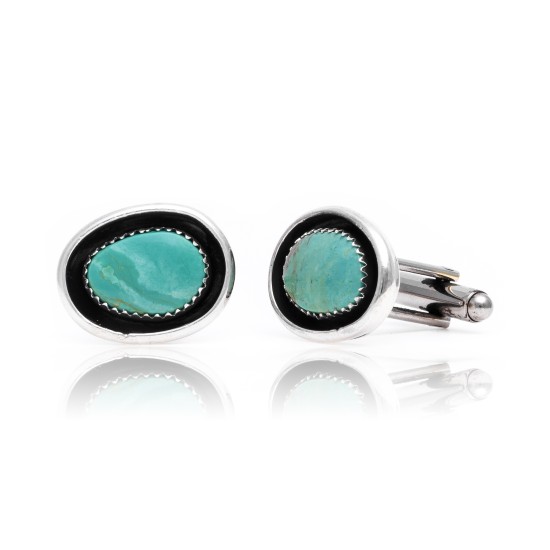 Natural Turquoise .925 Sterling Silver Certified Authentic Navajo Native American Handmade Cuff Links 19124