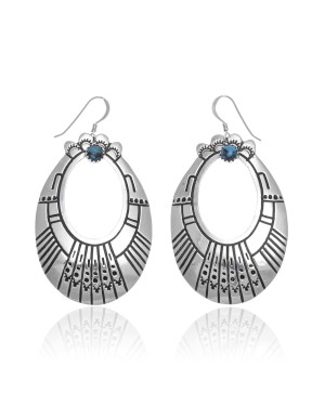 Natural Turquoise .925 Sterling Silver Certified Authentic Navajo Native American Handmade Dangle Earrings 27215-1