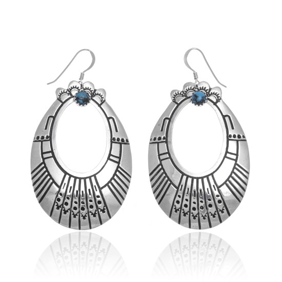 Natural Turquoise .925 Sterling Silver Certified Authentic Navajo Native American Handmade Dangle Earrings 27215-1