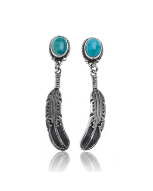 Natural Turquoise .925 Sterling Silver Certified Authentic Navajo Native American Handmade Feather Post Earrings  18317