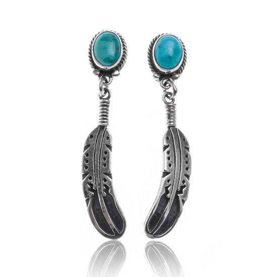 Natural Turquoise .925 Sterling Silver Certified Authentic Navajo Native American Handmade Feather Post Earrings  18317