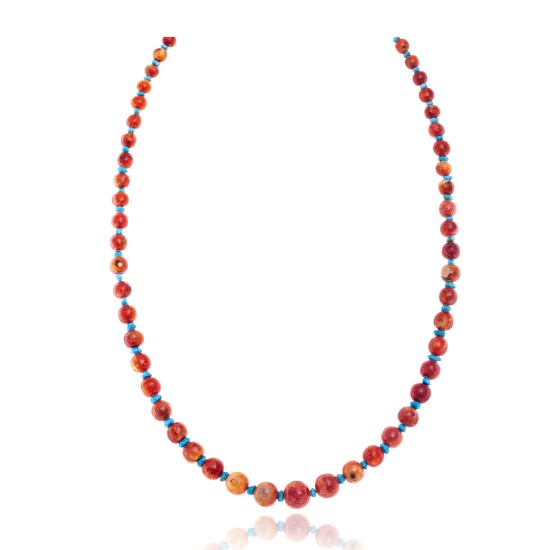 Limited Edition Natural Turquoise and Apple Sponge Coral .925 Sterling Silver Certified Authentic Navajo Native American Necklace 25509 Limited Edition Natural Turquoise and Apple Sponge Coral .925 Sterling Silver Certified Authentic Navajo Native American Necklace 25509