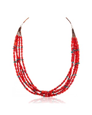 Natural Turquoise and Coral .925 Sterling Silver Certified Authentic Navajo Native American 5 Strand Necklace  25278-0
