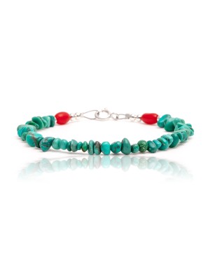 Natural Turquoise and Coral .925 Sterling Silver Certified Authentic Navajo Native American Link Bracelet 12973