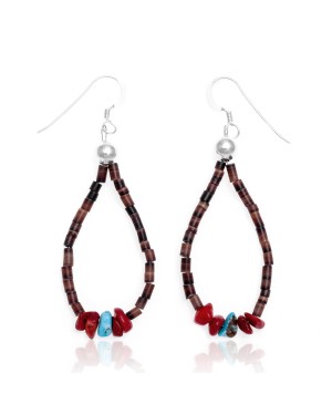 Natural Turquoise and Coral .925 Sterling Silver Hooks Certified Authentic Navajo Native American Hoop Dangle Earrings 18337