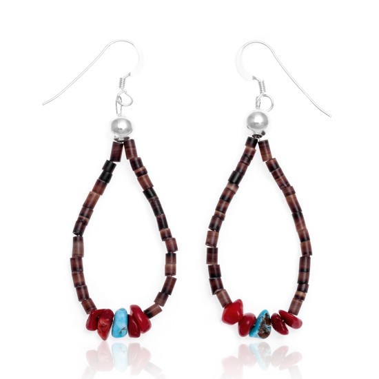 Natural Turquoise and Coral .925 Sterling Silver Hooks Certified Authentic Navajo Native American Hoop Dangle Earrings 18337