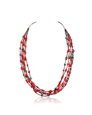 Natural Turquoise and Coral Certified Authentic Navajo .925 Sterling Silver Native American 5 Strand Necklace 370990894086