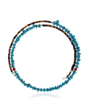 Natural Turquoise and Coral Certified Authentic Navajo Native American Adjustable Choker Wrap Necklace 25581