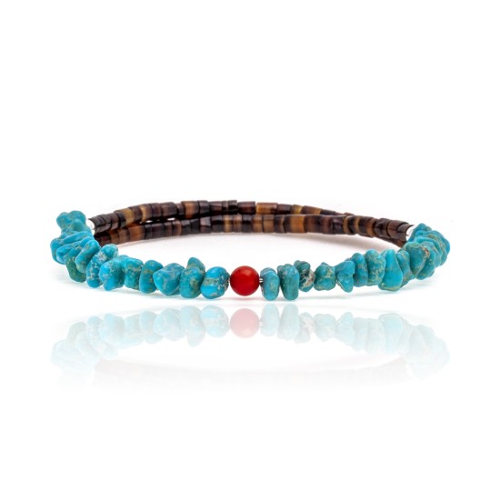 Natural Turquoise and Coral Certified Authentic Navajo Native American Adjustable Wrap Bracelet 22131