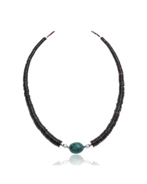 Natural Turquoise and Graduated Heishi .925 Sterling Silver Certified Authentic Navajo Native American Necklace  7501012