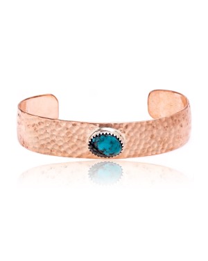 Natural Turquoise and Hammered Copper Certified Authentic Navajo Native American Handmade Cuff Bracelet 24494-6