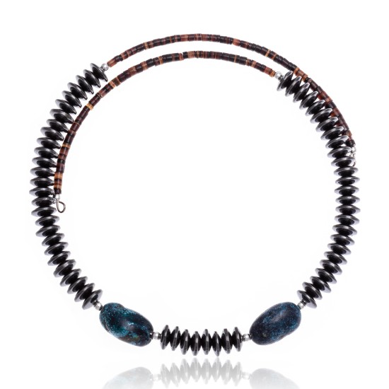 Natural Turquoise and Hematite Certified Authentic Navajo Native American Adjustable Choker Wrap Necklace and Chain 25560 Natural Turquoise and Hematite Certified Authentic Navajo Native American Adjustable Choker Wrap Necklace and Chain 25560