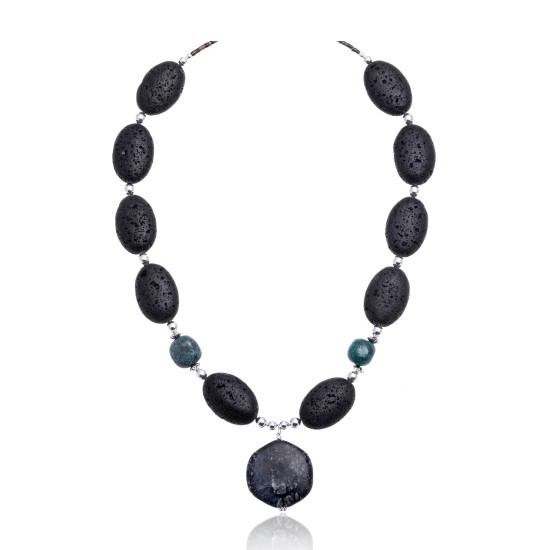 Natural Turquoise and Jasper .925 Sterling Silver Certified Authentic Navajo Native American Necklace 15409-39