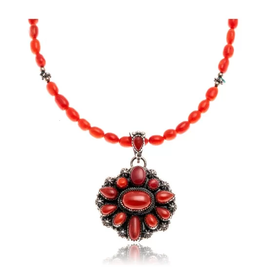 Natural Turquoise Coral Red Jasper .925 Sterling Silver Navajo Native American Necklace 24520-17029 Natural Turquoise Coral Red Jasper .925 Sterling Silver Navajo Native American Necklace 24520-17029