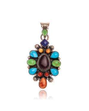 Natural Turquoise Multicolor Stone .925 Starling Silver Certified Authentic Navajo Native American Handmade Pendant 24522