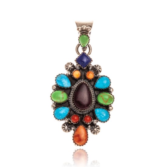 Natural Turquoise Multicolor Stone .925 Starling Silver Certified Authentic Navajo Native American Handmade Pendant 24522 Natural Turquoise Multicolor Stone .925 Starling Silver Certified Authentic Navajo Native American Handmade Pendant 24522