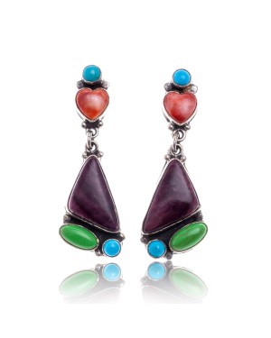 Natural Turquoise Multicolor Stone .925 Sterling Silver Certified Authentic Navajo Native American Handmade Heart Post Earrings  18319-2