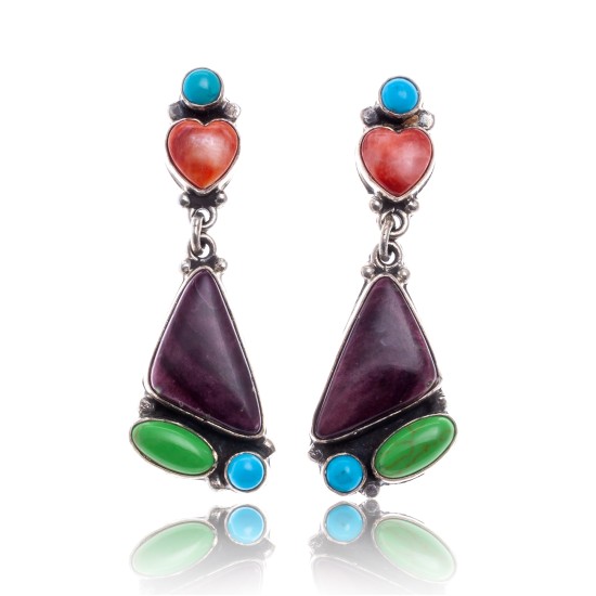 Natural Turquoise Multicolor Stone .925 Sterling Silver Certified Authentic Navajo Native American Handmade Heart Post Earrings  18319-2