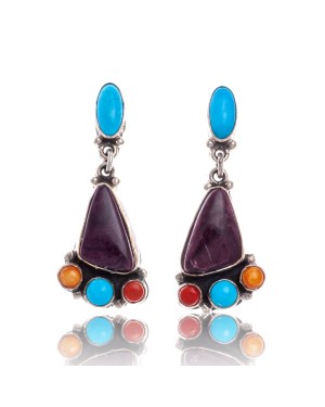 Natural Turquoise Multicolor Stone .925 Sterling Silver Certified Authentic Navajo Native American Handmade Post Earrings  18319-1
