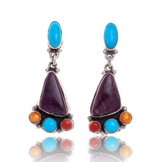 Natural Turquoise Multicolor Stone .925 Sterling Silver Certified Authentic Navajo Native American Handmade Post Earrings  18319-1