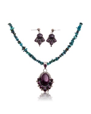 Natural Turquoise Purple Spiny Oyster .925 Sterling Silver Certified Authentic Navajo Native American Handmade Pendant Earnings Set 24519-15222-18198-10