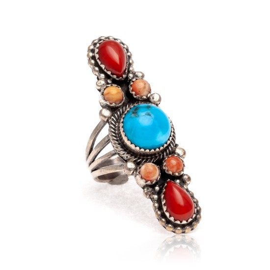 Natural Turquoise Red Spiny Oyster Orange Spiny Oyster .925 Sterling Silver Certified Authentic Navajo Native American Handmade Ring 13210-1