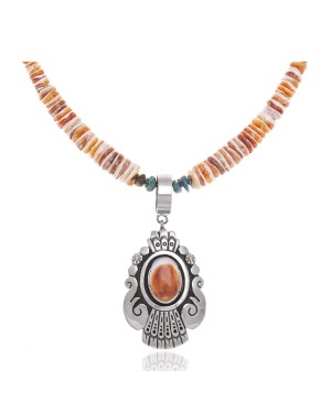 Natural Turquoise Spiny Oyster .925 Sterling Silver Certified Authentic Navajo Native American Handmade Necklace and Pendant 24537-5-18111