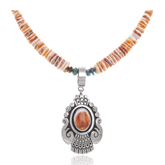 Natural Turquoise Spiny Oyster .925 Sterling Silver Certified Authentic Navajo Native American Handmade Necklace and Pendant 24537-5-18111