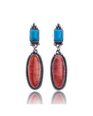 Natural Turquoise Spiny Oyster .925 Sterling Silver Certified Authentic Navajo Native American Handmade Post Earrings  18316-1