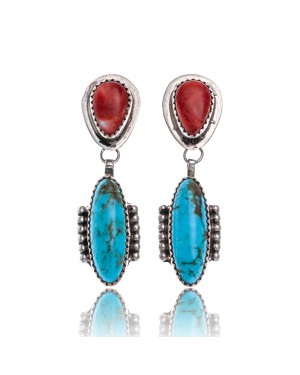 Natural Turquoise Spiny Oyster .925 Sterling Silver Certified Authentic Navajo Native American Handmade Post Earrings  18316-3