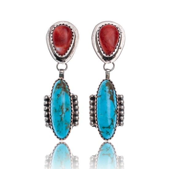 Natural Turquoise Spiny Oyster .925 Sterling Silver Certified Authentic Navajo Native American Handmade Post Earrings  18316-3