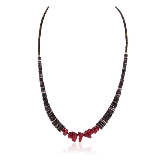 Navajo .925 Sterling Silver Certified Authentic Natural Graduated Heishi Coral Native American Necklace 750205-3
