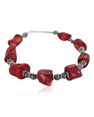 Navajo .925 Sterling Silver Certified Authentic Natural Hematite Coral Native American Bracelet 13176-1