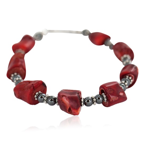 Navajo .925 Sterling Silver Certified Authentic Natural Hematite Coral Native American Bracelet 13176-1