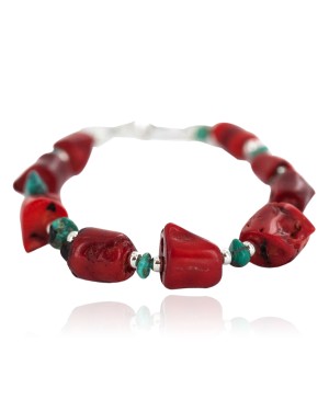 Navajo .925 Sterling Silver Certified Authentic Natural Turquoise Coral Native American Bracelet 13176-2
