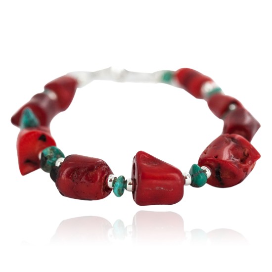 Navajo .925 Sterling Silver Certified Authentic Natural Turquoise Coral Native American Bracelet 13176-2